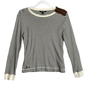 Lauren Ralph Lauren Sz M Striped Long Sleeve Suede Elbow‎ Patches nautical navy